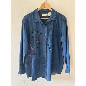 BOBBIE BROOKS Womens 100% Cotton Embroidered Long Sleeve Denim Blue Shirt XL